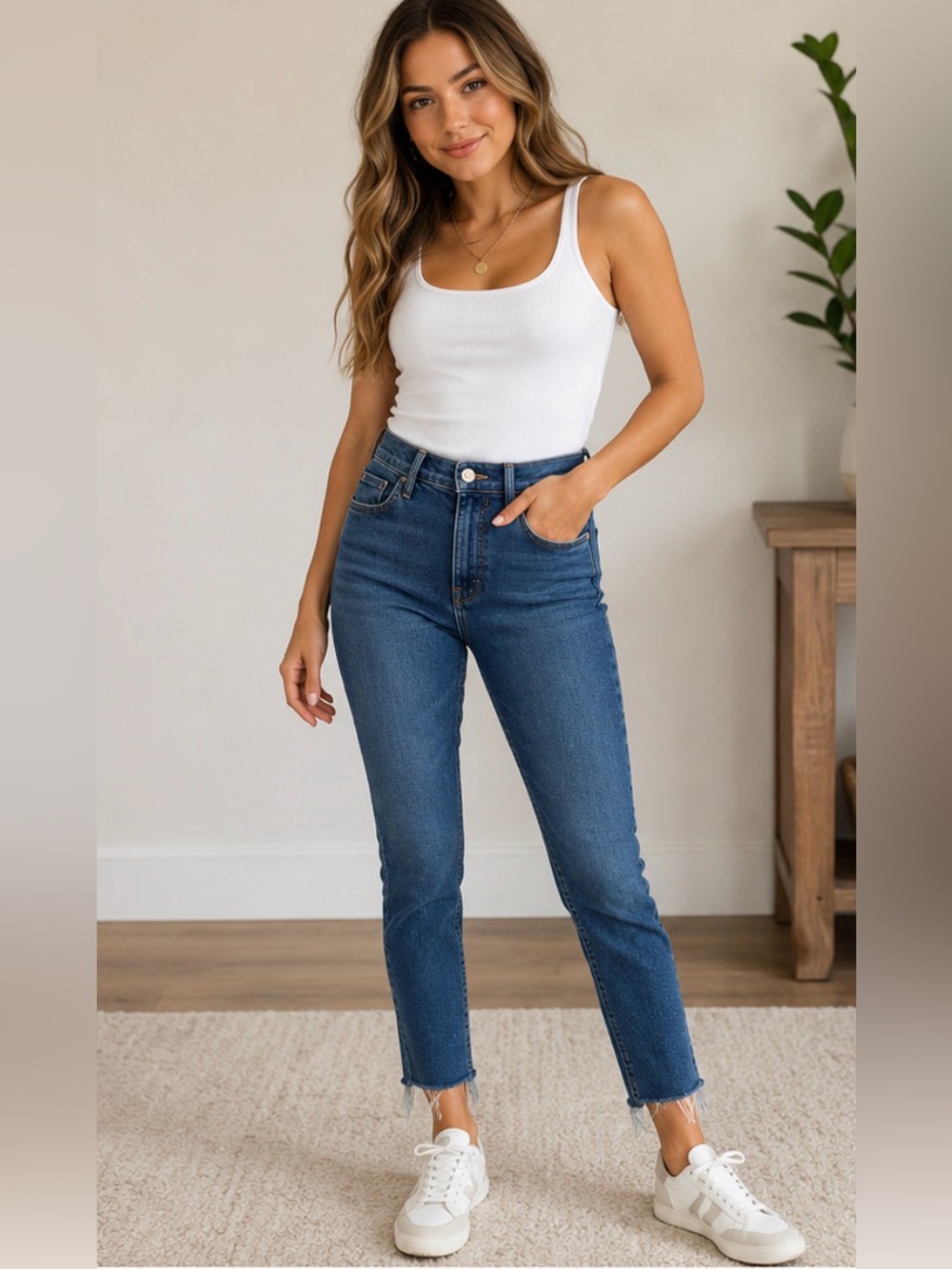 185 MOTHER The Hustler Ankle Fray Jeans Size 27 High Rise Skinny Blue Raw Hem